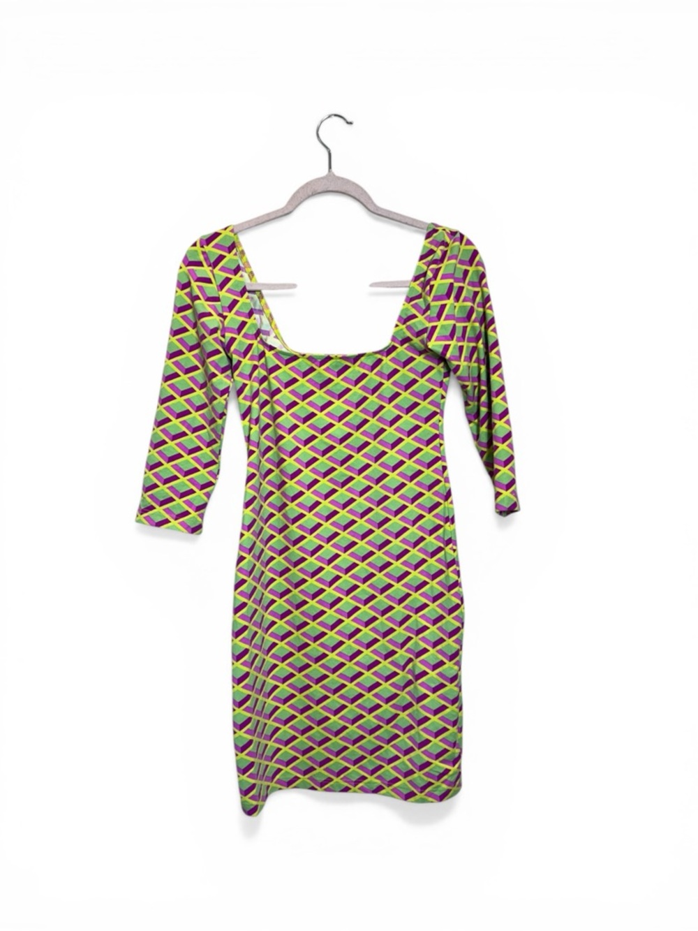 Manuel Canovas Made in France Long Sleeve Geometric Print Dress in Pink & Green
